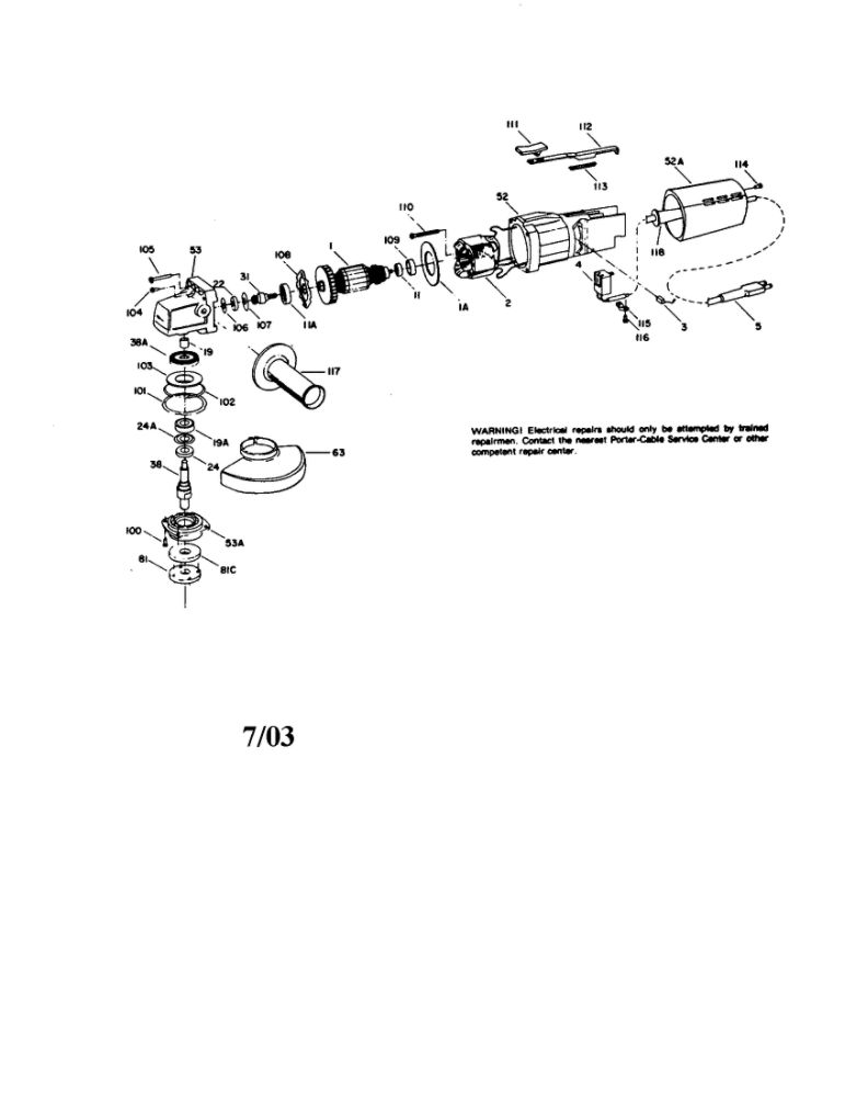 Grinder Diagram and Parts List for 7645  Porter Cable Angle Grinder